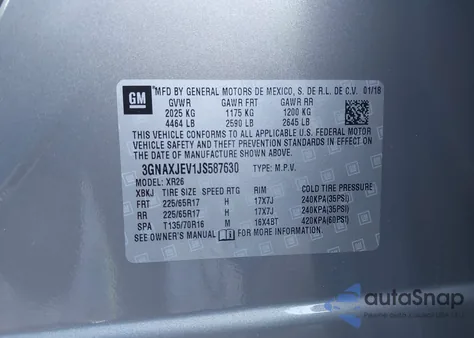 2018 Chevrolet Equinox Lt из США, поврежденный, VIN 3GNAXJEV1JS587630